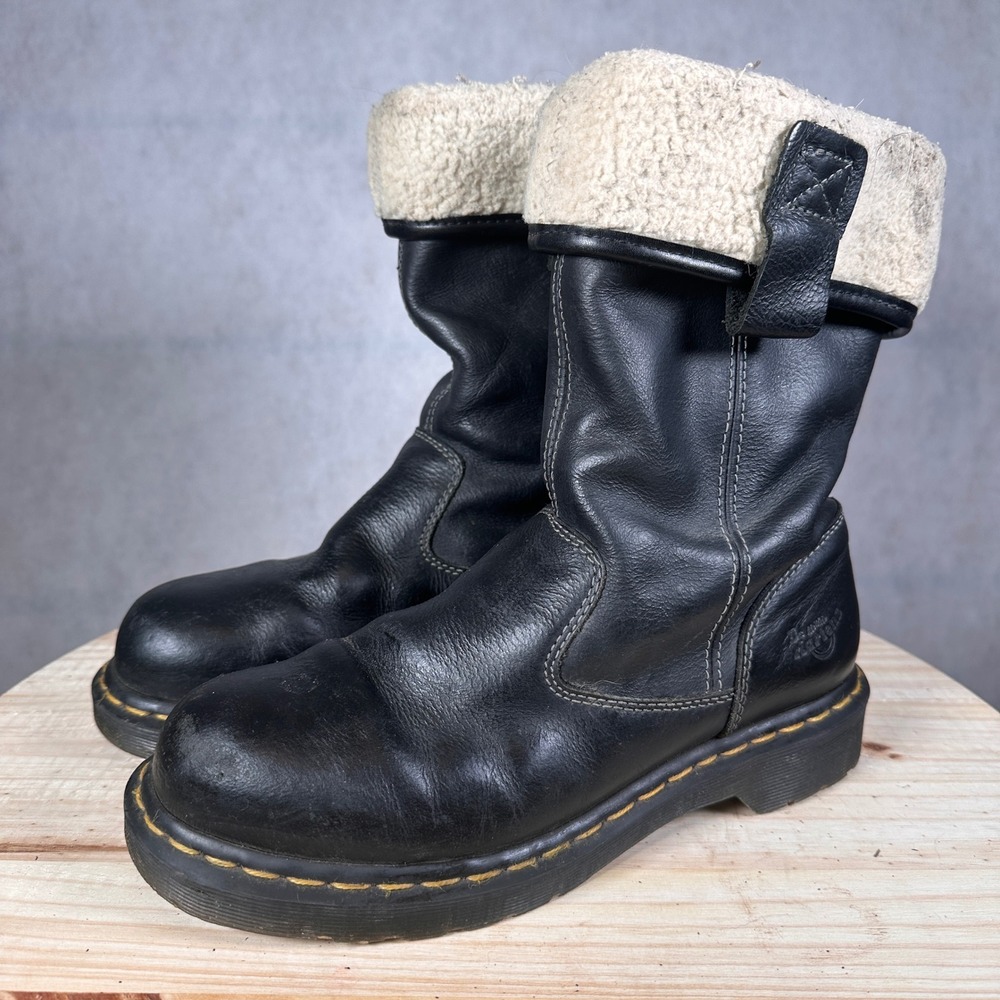 Dr. Martens Steel Toe Boots Women 8 Black Good Shearling Lined Work NH29 7BW